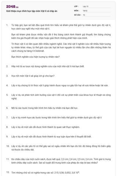 Giới thiệu mục đích học tập môn Vật lí có đáp án