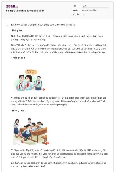 Bài tập Bạo lực học đường có đáp án