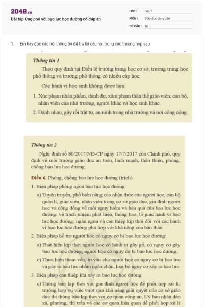Bài tập Ứng phó với bạo lực học đường có đáp án