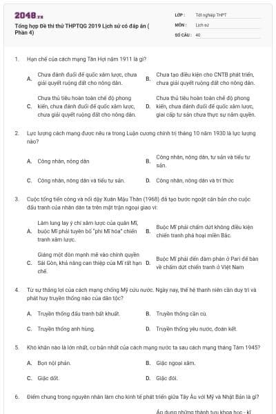 Tổng hợp Đề thi thử THPTQG 2019 Lịch sử có đáp án ( Phần 4)