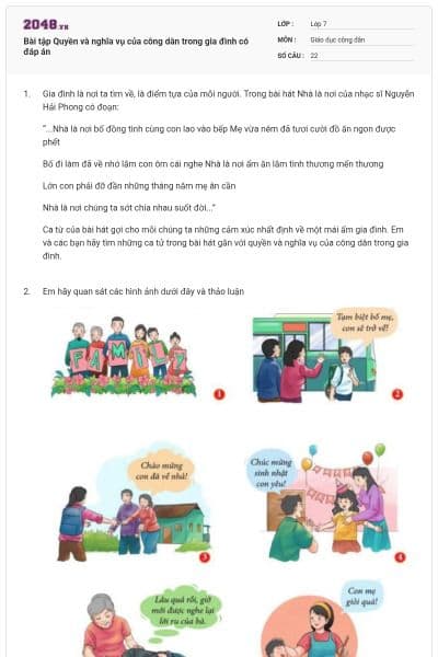 Bài tập Quyền và nghĩa vụ của công dân trong gia đình có đáp án