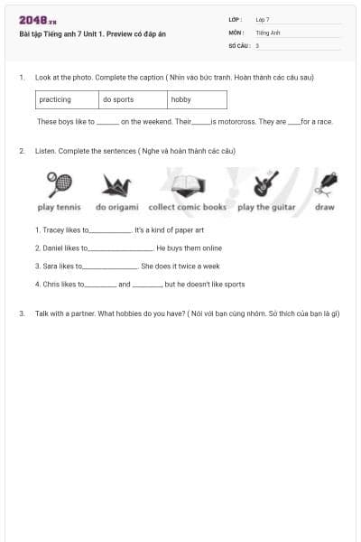 Bài tập Tiếng anh 7 Unit 1. Preview có đáp án