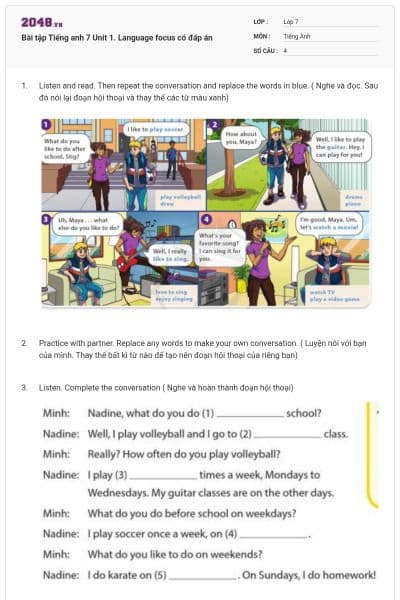 Bài tập Tiếng anh 7 Unit 1. Language focus có đáp án