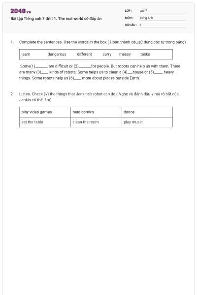 Bài tập Tiếng anh 7 Unit 1. The real world có đáp án