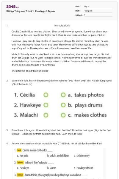 Bài tập Tiếng anh 7 Unit 1. Reading có đáp án