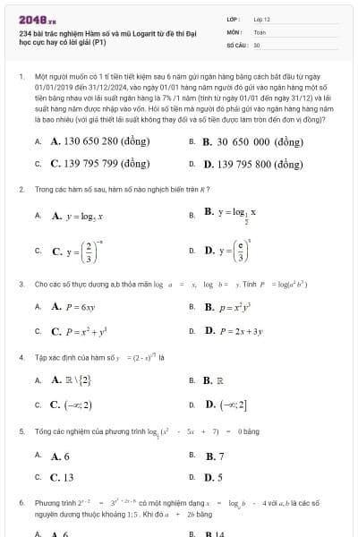 234 bài trắc nghiệm Hàm số và mũ Logarit từ đề thi Đại học cực hay có lời giải (P1)