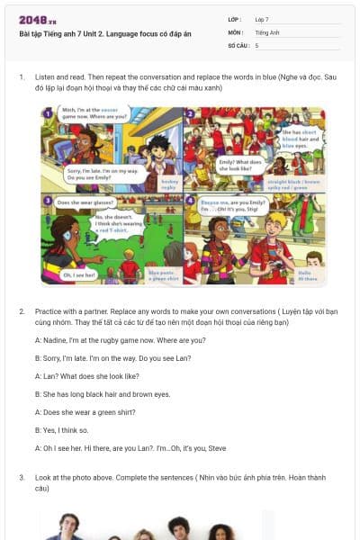 Bài tập Tiếng anh 7 Unit 2. Language focus có đáp án