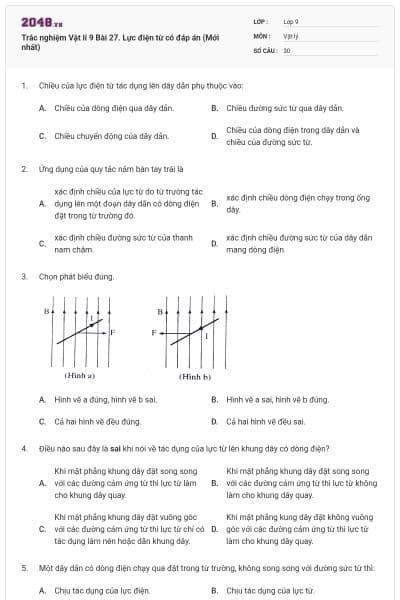 Trắc nghiệm Vật lí 9 Bài 27. Lực điện từ có đáp án (Mới nhất)