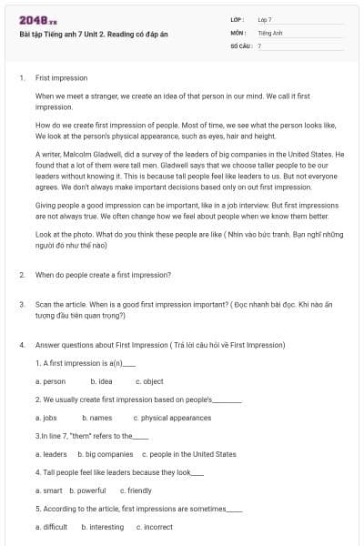 Bài tập Tiếng anh 7 Unit 2. Reading có đáp án