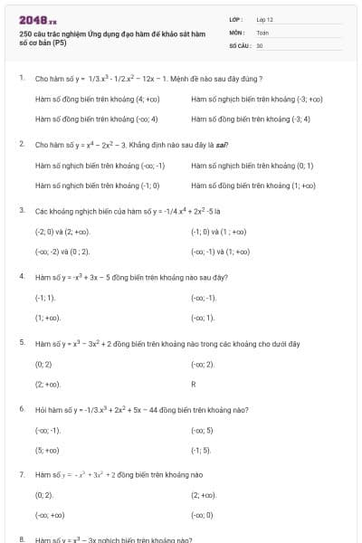 250 câu trắc nghiệm Ứng dụng đạo hàm để khảo sát hàm số cơ bản (P5)