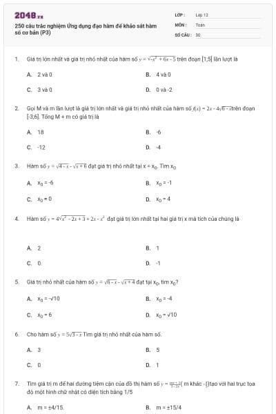 250 câu trắc nghiệm Ứng dụng đạo hàm để khảo sát hàm số cơ bản (P3)