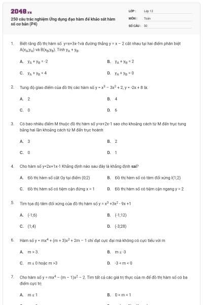 250 câu trắc nghiệm Ứng dụng đạo hàm để khảo sát hàm số cơ bản (P4)