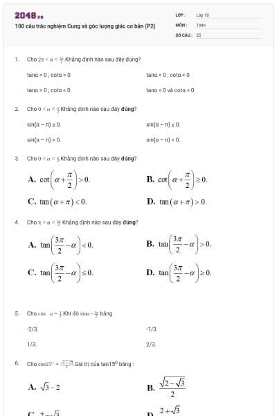 100 câu trắc nghiệm Cung và góc lượng giác cơ bản (P2)