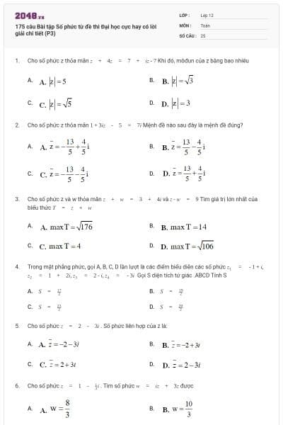 175 câu Bài tập Số phức từ đề thi Đại học cực hay có lời giải chi tiết (P3)