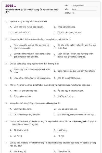 Đề thi thử THPT QG 2019 Môn Địa Lý Ôn luyện đề thi mẫu (P7)