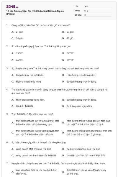 12 câu Trắc nghiệm Địa lý 6 Cánh diều Bài 6 có đáp án (Phần 2)