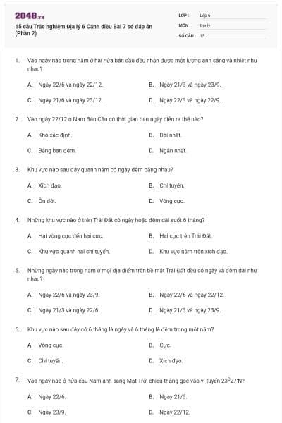 15 câu Trắc nghiệm Địa lý 6 Cánh diều Bài 7 có đáp án (Phần 2)