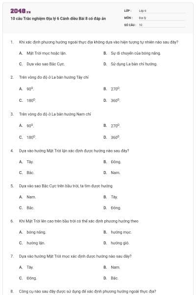 10 câu Trắc nghiệm Địa lý 6 Cánh diều Bài 8 có đáp án
