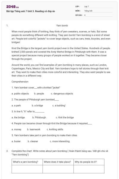 Bài tập Tiếng anh 7 Unit 3. Reading có đáp án