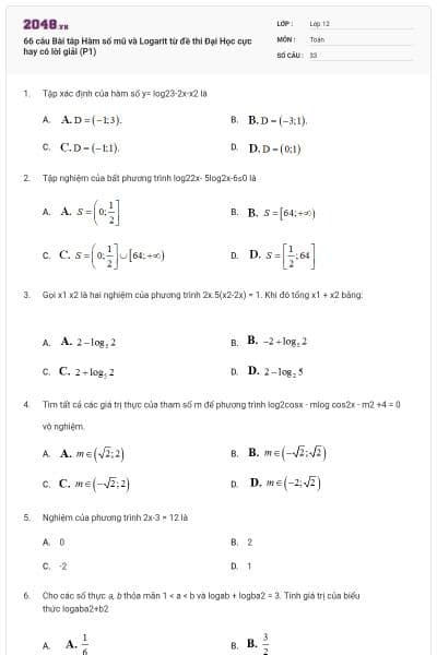 66 câu Bài tâp Hàm số mũ và Logarit từ đề thi Đại Học cực hay có lời giải (P1)