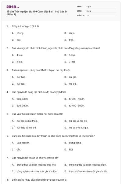 15 câu Trắc nghiệm Địa lý 6 Cánh diều Bài 11 có đáp án (Phần 2)