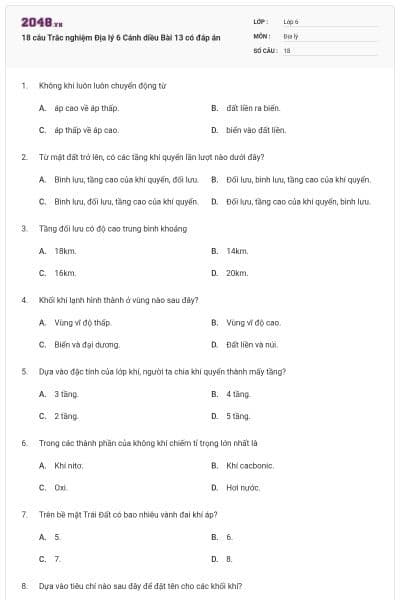 18 câu Trắc nghiệm Địa lý 6 Cánh diều Bài 13 có đáp án
