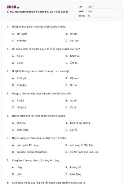 17 câu Trắc nghiệm Địa lý 6 Cánh diều Bài 14 có đáp án