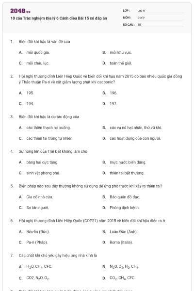 10 câu Trắc nghiệm Địa lý 6 Cánh diều Bài 15 có đáp án