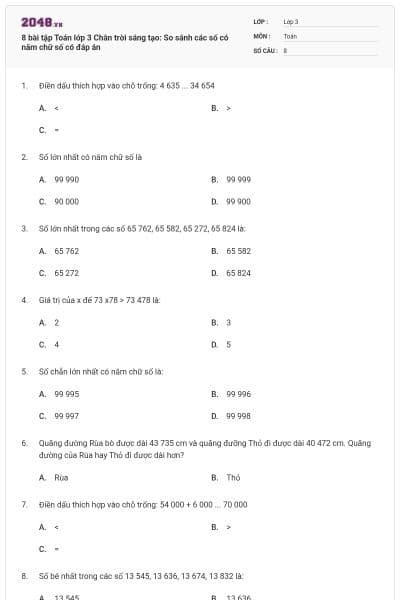 8 bài tập Toán lớp 3 Chân trời sáng tạo: So sánh các số có năm chữ số có đáp án