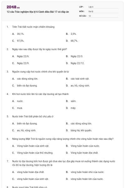 12 câu Trắc nghiệm Địa lý 6 Cánh diều Bài 17 có đáp án