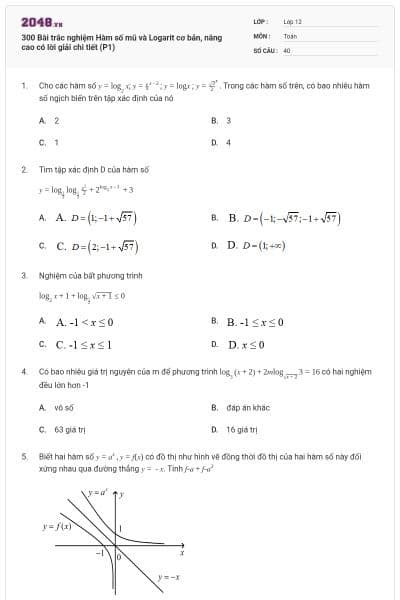 300 Bài trắc nghiệm Hàm số mũ và Logarit cơ bản, nâng cao có lời giải chi tiết (P1)