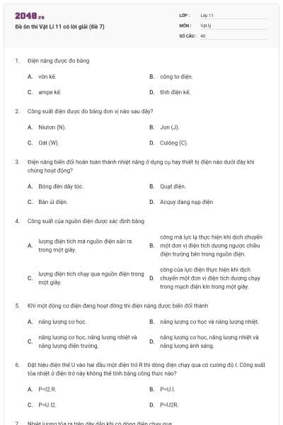 Đề ôn thi Vật Lí 11 có lời giải (Đề 7)
