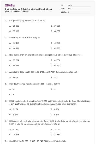 8 bài tập Toán lớp 3 Chân trời sáng tạo: Phép trừ trong phạm vi 100 000 có đáp án