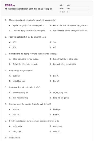 15 câu Trắc nghiệm Địa lý 6 Cánh diều Bài 20 có đáp án
