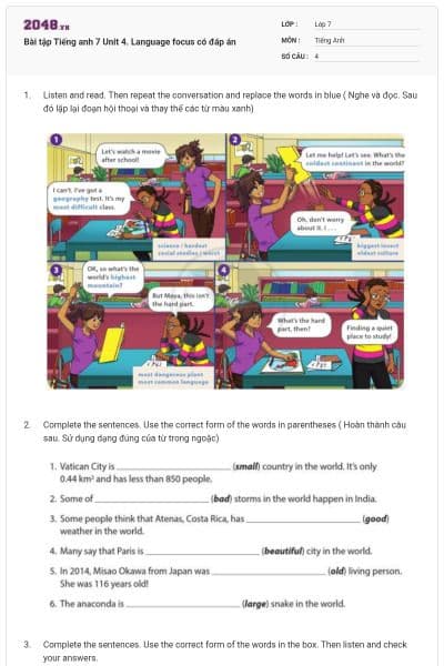 Bài tập Tiếng anh 7 Unit 4. Language focus có đáp án