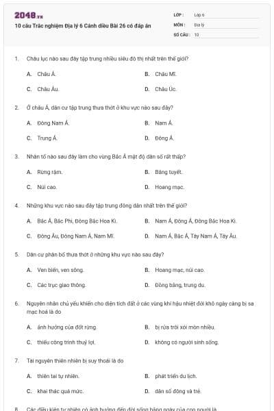 10 câu Trắc nghiệm Địa lý 6 Cánh diều Bài 26 có đáp án