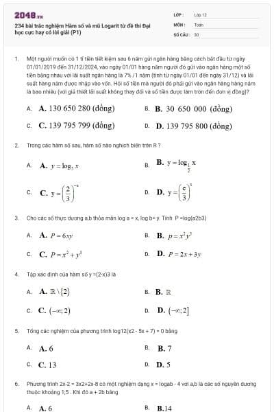 234 bài trắc nghiệm Hàm số và mũ Logarit từ đề thi Đại học cực hay có lời giải (P1)