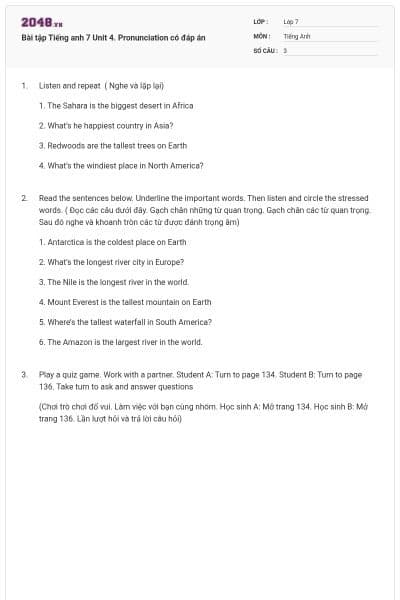 Bài tập Tiếng anh 7 Unit 4. Pronunciation có đáp án