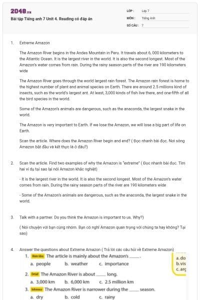 Bài tập Tiếng anh 7 Unit 4. Reading có đáp án