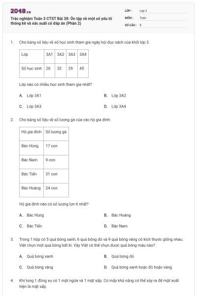 Trắc nghiệm Toán 3 CTST Bài 38: Ôn tập về một số yếu tố thống kê và xác xuất có đáp án (Phần 2)