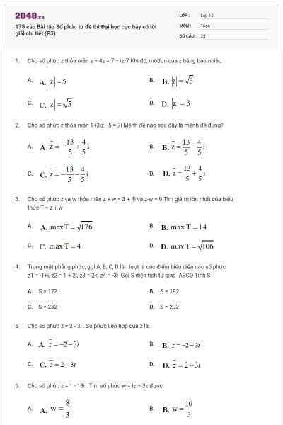 175 câu Bài tập Số phức từ đề thi Đại học cực hay có lời giải chi tiết (P3)