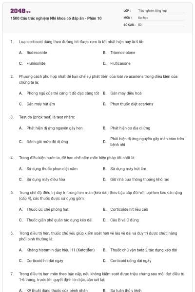 1500 Câu trắc nghiệm Nhi khoa có đáp án - Phần 10