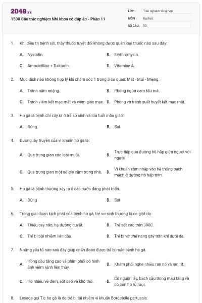 1500 Câu trắc nghiệm Nhi khoa có đáp án - Phần 11
