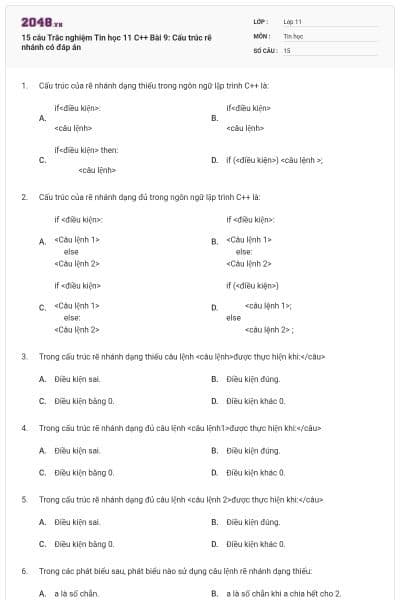 15 câu  Trắc nghiệm Tin học 11 C++ Bài 9: Cấu trúc rẽ nhánh có đáp án