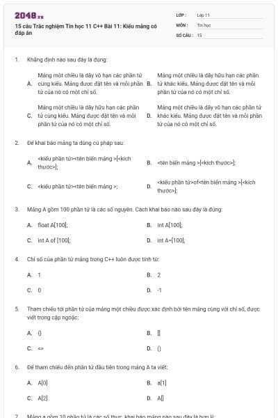 15 câu  Trắc nghiệm Tin học 11 C++ Bài 11: Kiểu mảng có đáp án