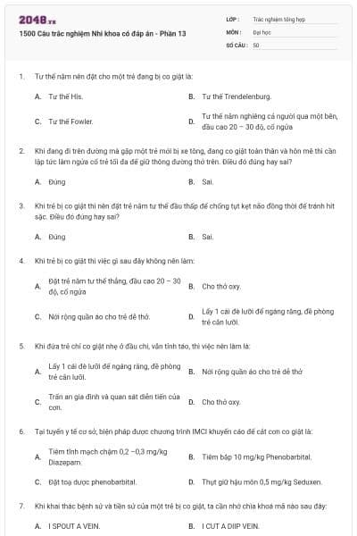 1500 Câu trắc nghiệm Nhi khoa có đáp án - Phần 13