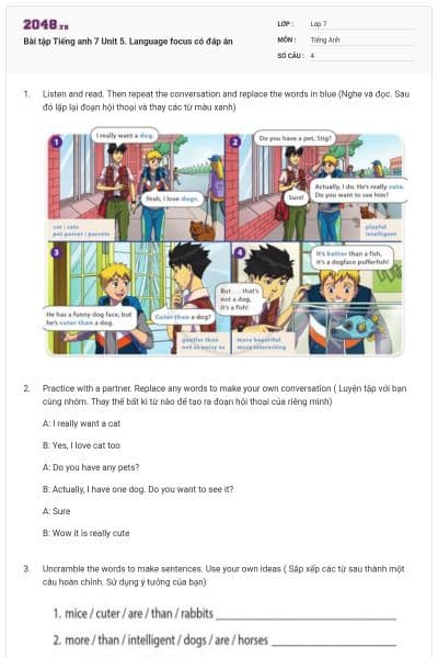 Bài tập Tiếng anh 7 Unit 5. Language focus có đáp án