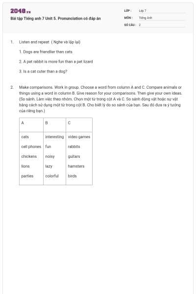 Bài tập Tiếng anh 7 Unit 5. Pronunciation có đáp án