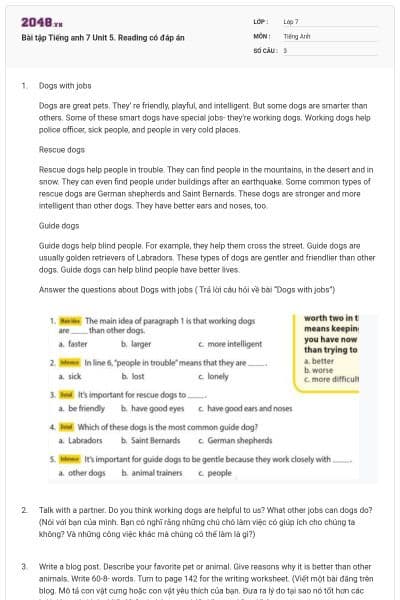 Bài tập Tiếng anh 7 Unit 5. Reading có đáp án