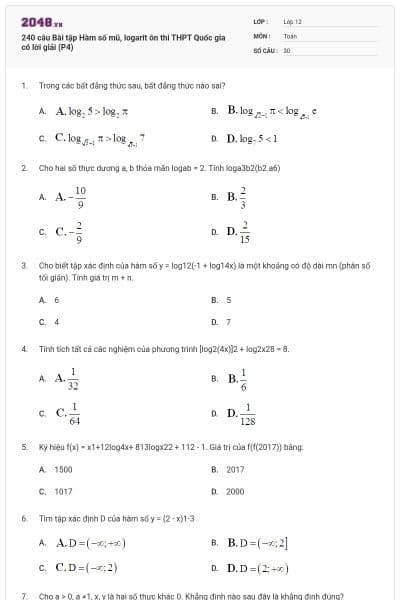 240 câu Bài tập Hàm số mũ, logarit ôn thi THPT Quốc gia có lời giải (P4)